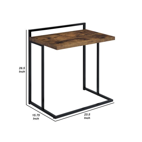 Dey 27 Inch C Shape Side End Table， Nutmeg Brown Top， Matte Black Base