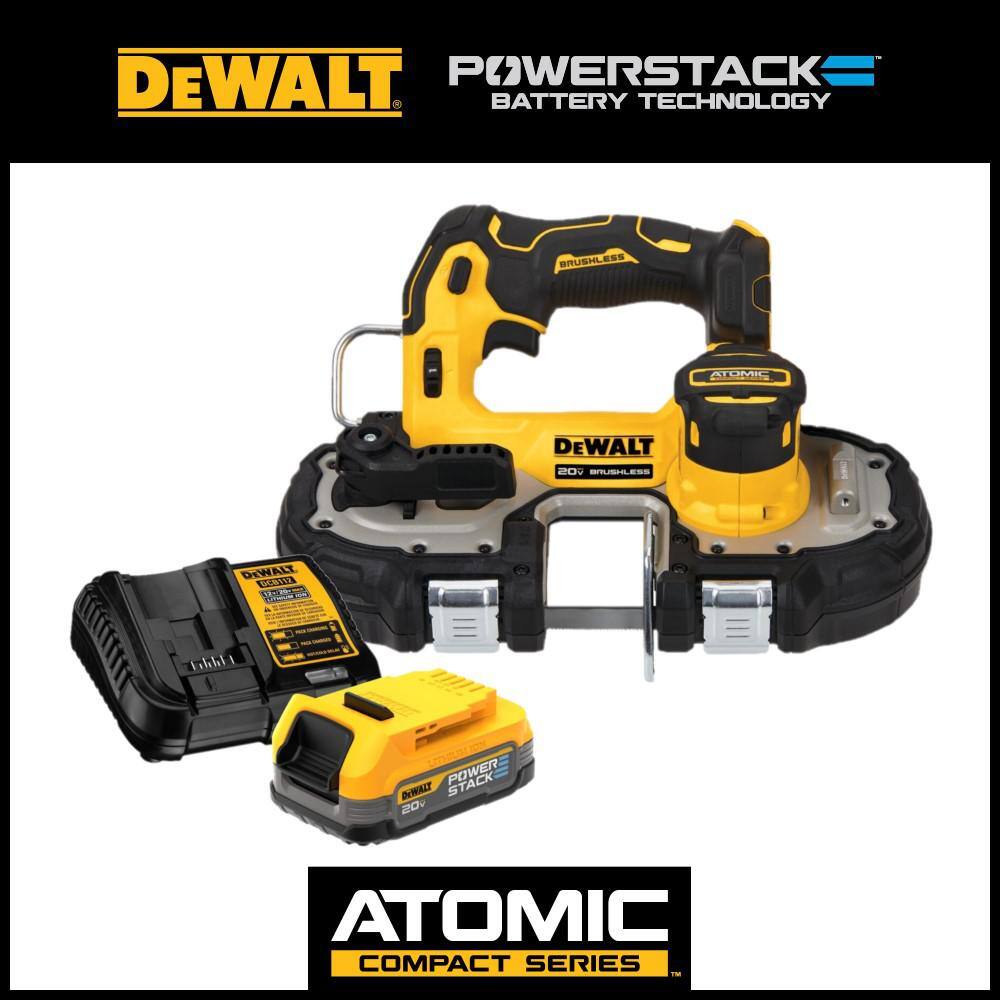 DW ATOMIC 20V MAX Cordless Brushless Compact 1-34 in. Bandsaw and 20V POWERSTACK Compact Battery Starter Kit DCS377BWP034C