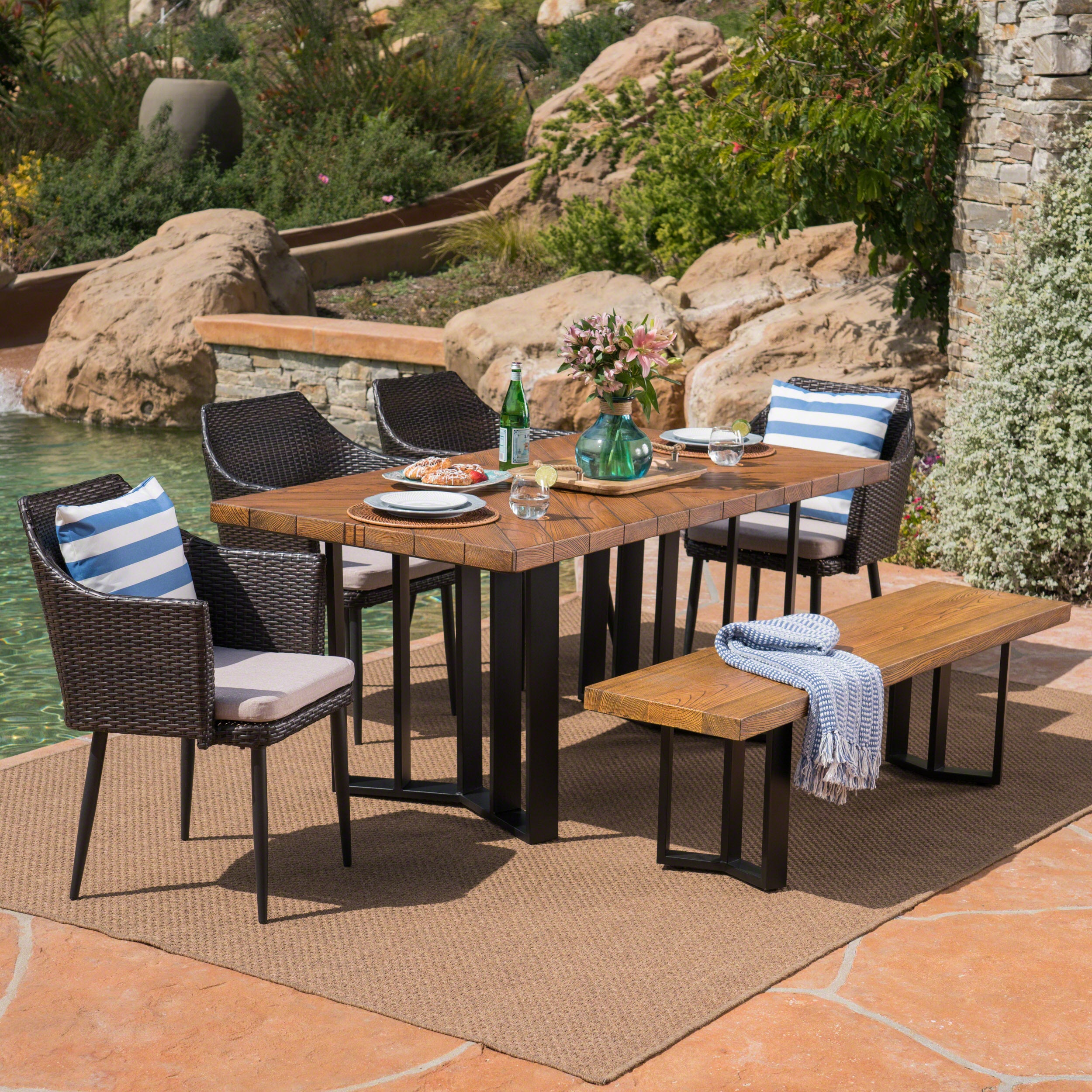 Tammy Outdoor 6 Piece Wicker Dining Set with Concrete Dining Table and Bench