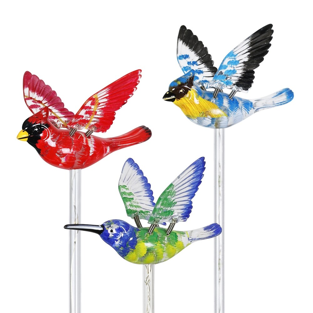 Exhart Solar WindyWing Garden Stake Set of Cardinal  Hummingbird and Blue Bird with Colored LED Lights  4 by 27 Inch