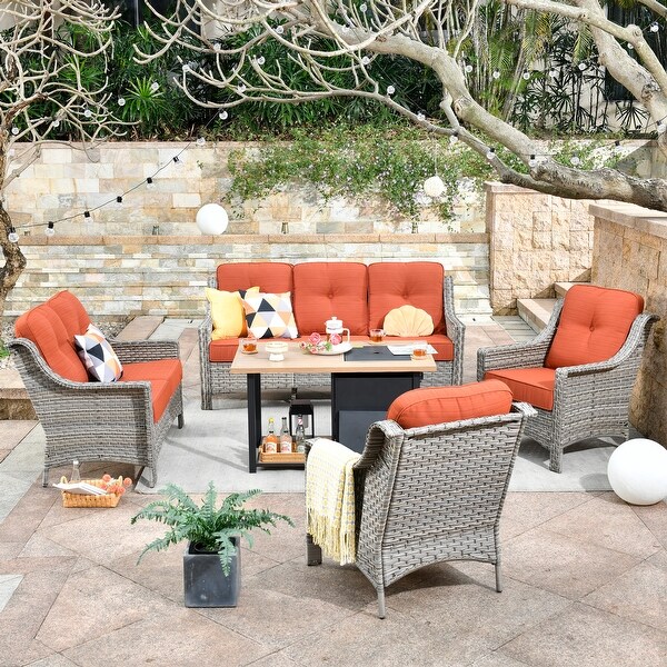 OVIOS 5piece Patio Wicker Conversation Set With Fire Table