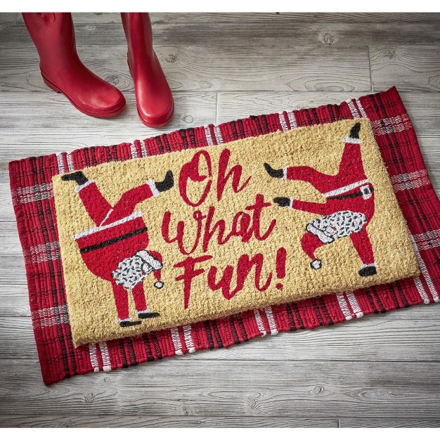 Oh What Fun Sentmeint Dancing Santa Coir Mat Rectangle Indoor Outdoor Coir Door Mat Red On Brown Background