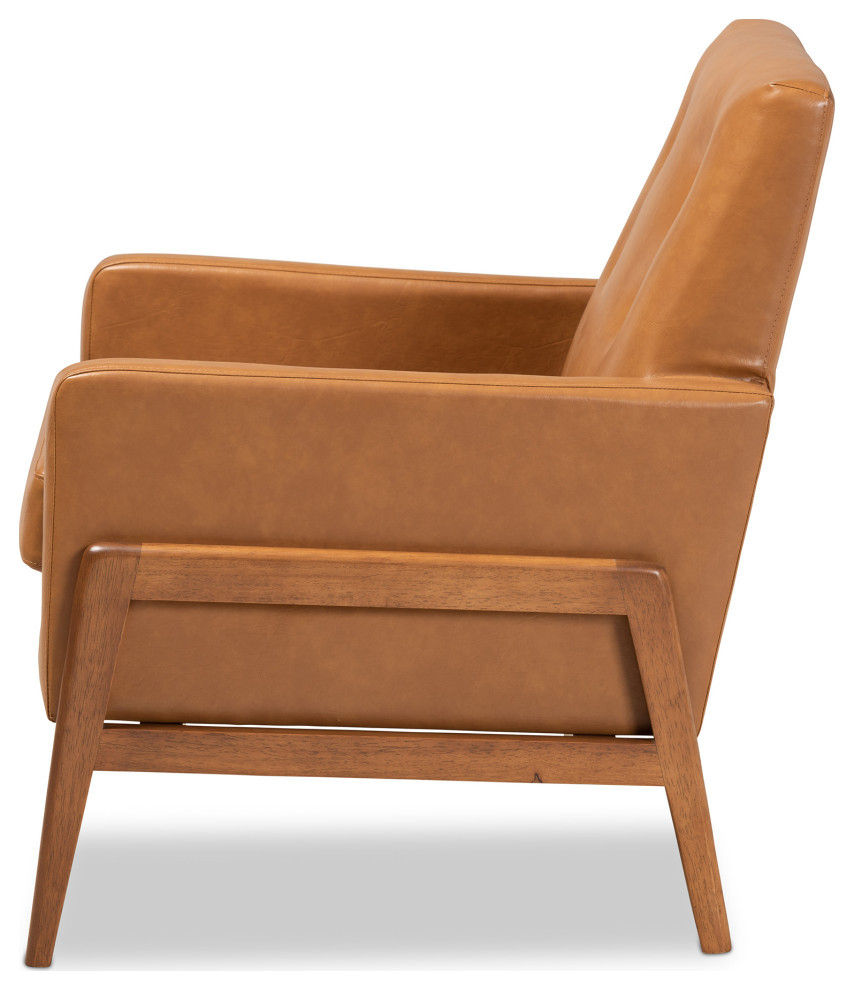 Yivi Mid Century Tan Faux Leather and Walnut Brown Wood Lounge Chair   Midcentury   Armchairs And Accent Chairs   by Baxton Studio  Houzz