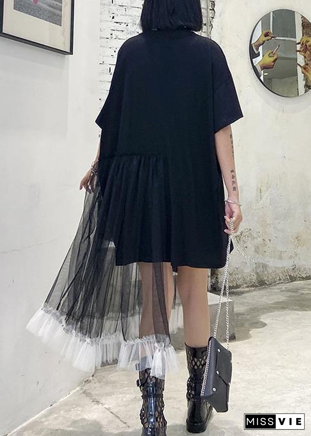 Style black dresses o neck patchwork tulle Midi Dresses