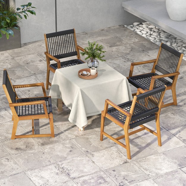 Costway Patio 2pcs Acacia Wood Dining Chairs All weather Rope Woven Armchairs Outdoor