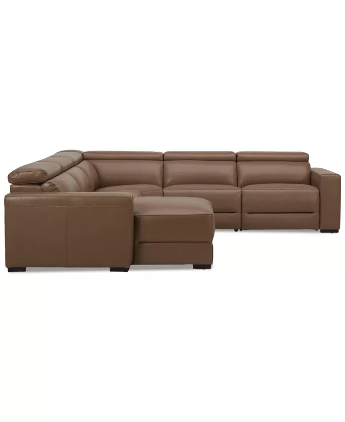 Furniture Nevio 124 5-Pc. Leather Sectional with 1 Power Recliner Headrests and Chaise Created For Macy's