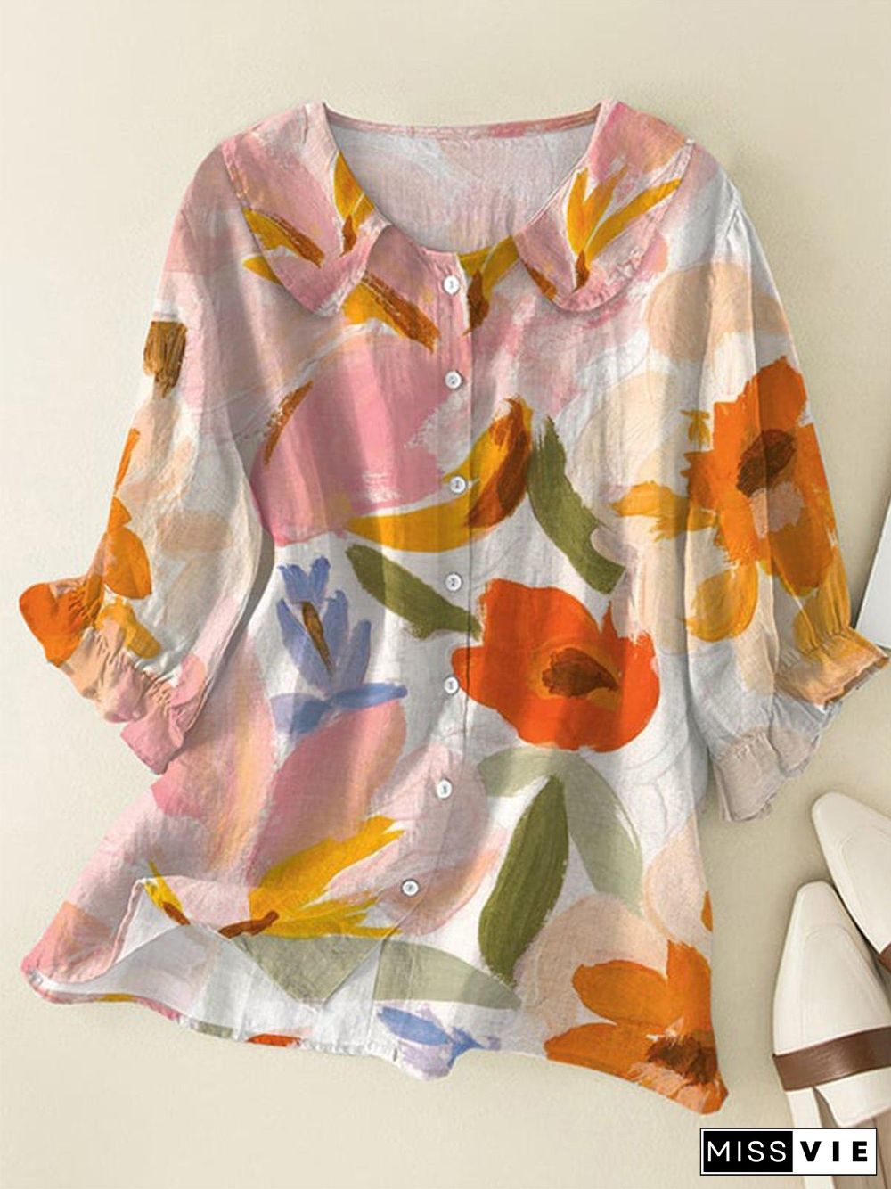 Cute Watercolor Floral Print 3/4 Sleeve Shirt