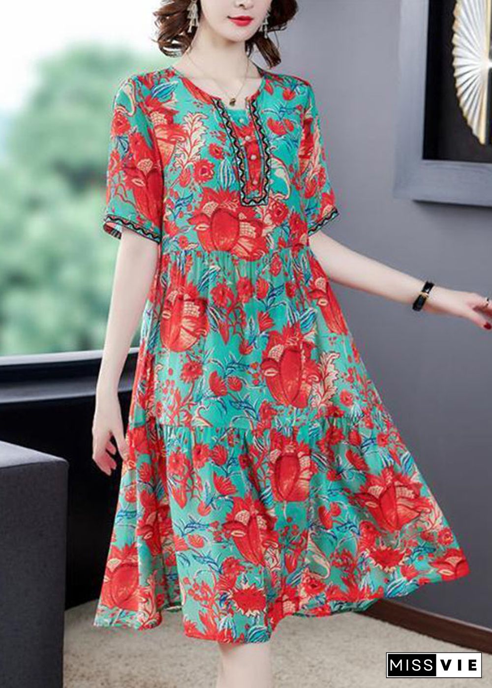 Beautiful Red O-Neck Print Silk Party Dress Summer