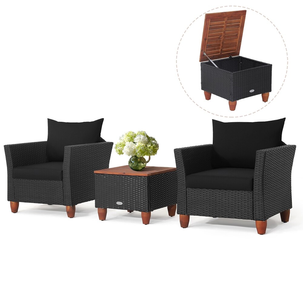 3PCS Patio Rattan Furniture Set Cushioned Sofa with Storage Table