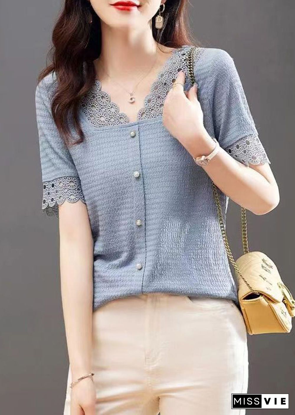 Modern Blue V Neck Hollow Out Lace Patchwork Shirt Summer