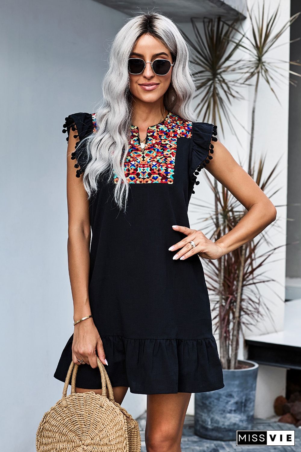 Black Boho Print Pompom Sleeve Shift Dress