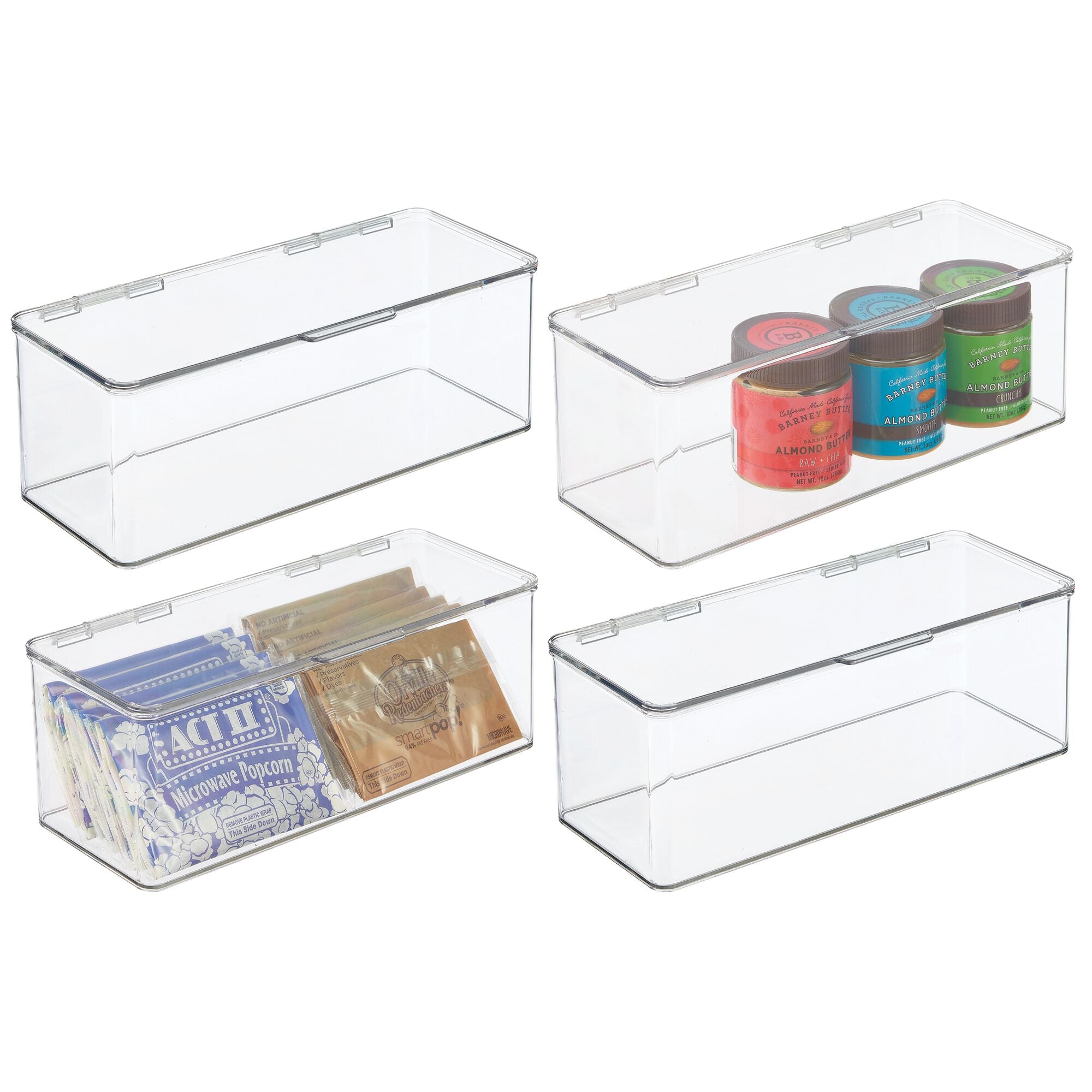 mDesign Stackable Plastic Kitchen Pantry Cabinet/Refrigerator Food Storage Container Box with Lid - Organizer for Packets, Snacks, Produce, Pasta - 4 Pack - Clear