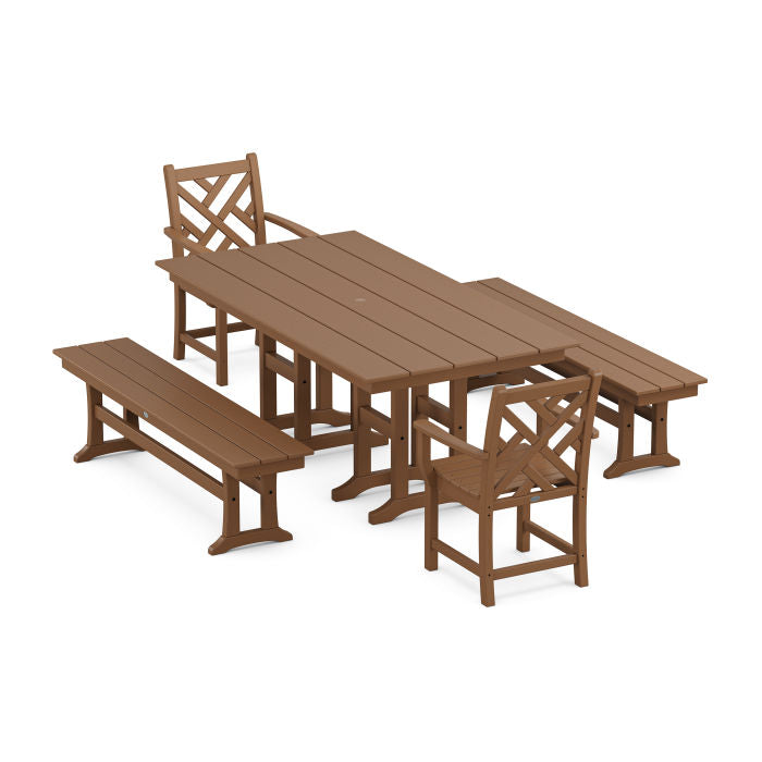 Polywood Chippendale 5-Piece Farmhouse Dining Set with Benches PWS1172-1