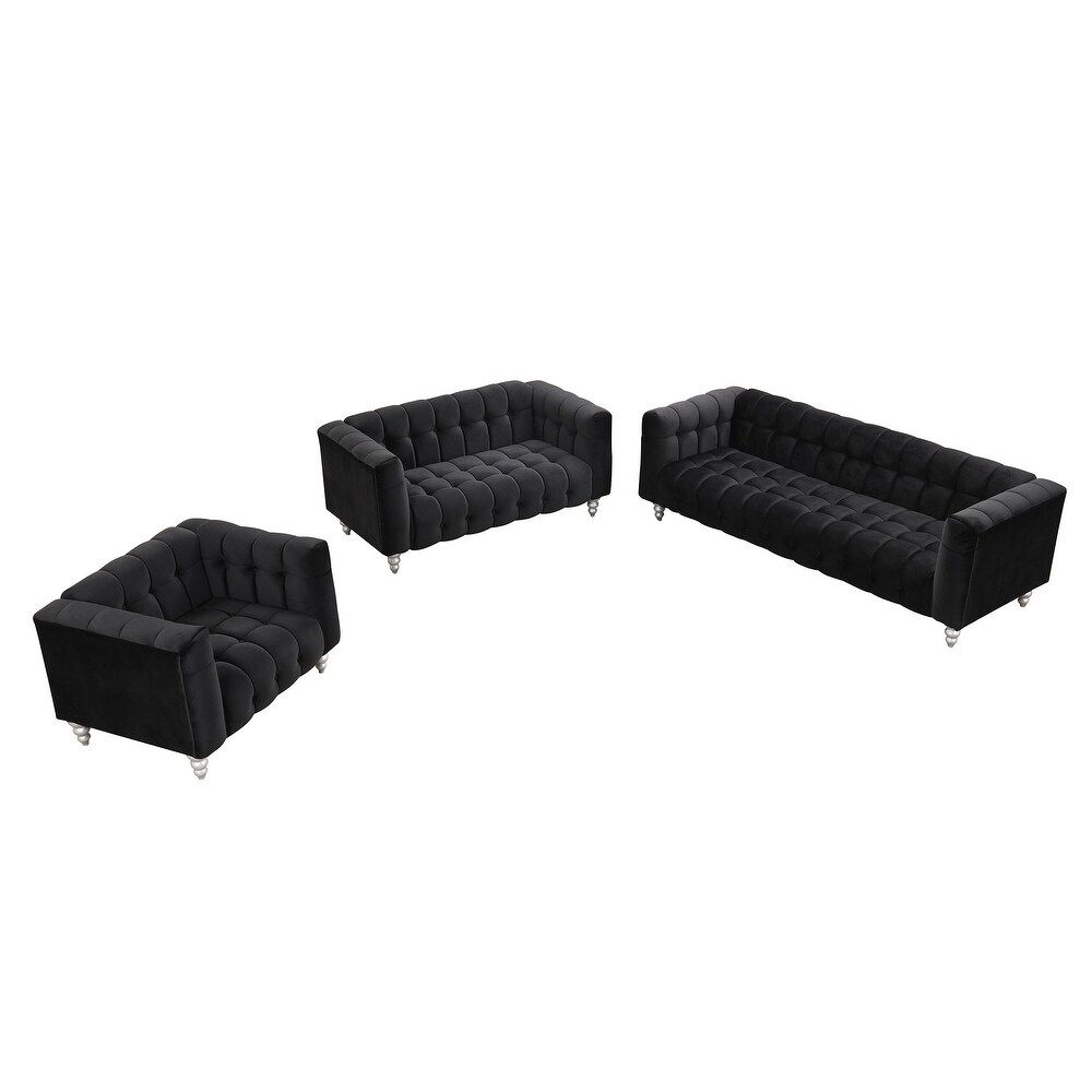 3 piece sofa set with solid wood legs  buttoned tufted backrest  Dutch fleece upholstered sofa set including three seater sofa