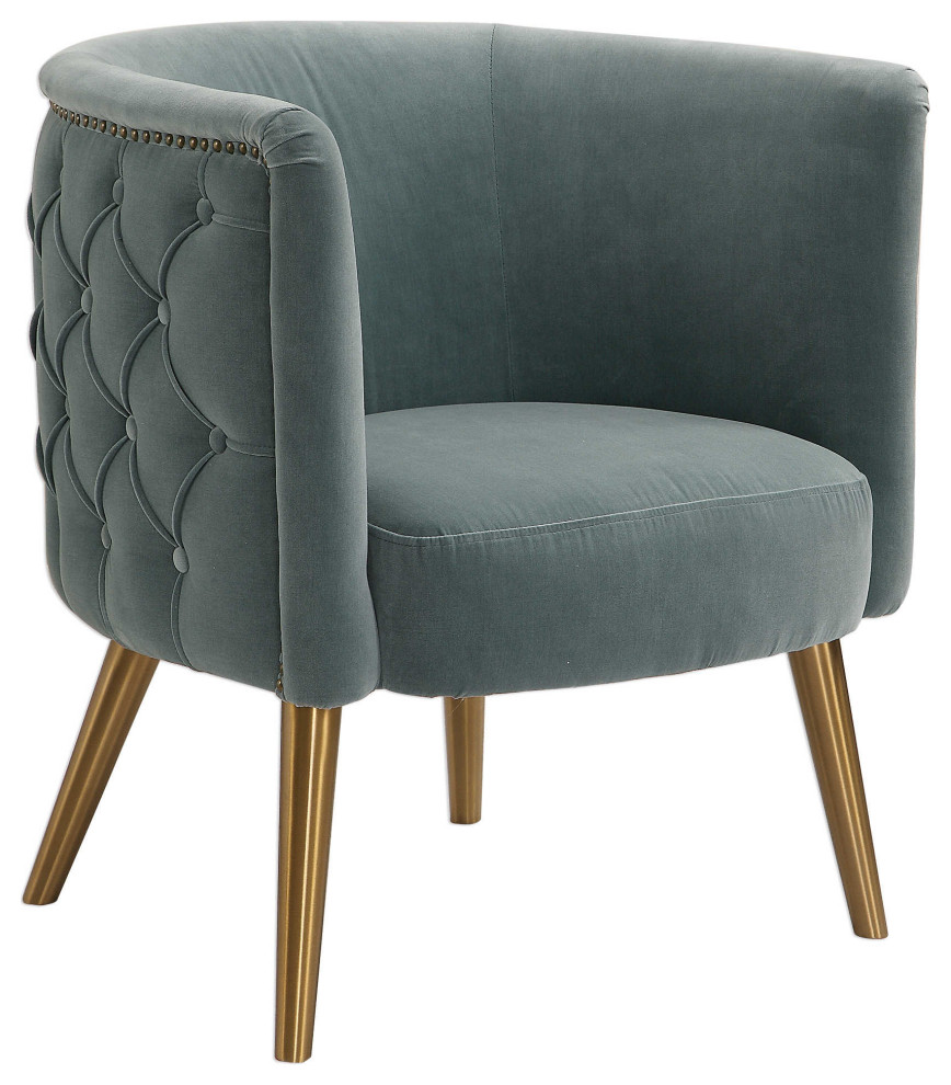 Mid Century Gray Velvet Barrel Tub Chair  Button Diamond Tufted Gold Metal Legs   Midcentury   Armchairs And Accent Chairs   by My Swanky Home  Houzz