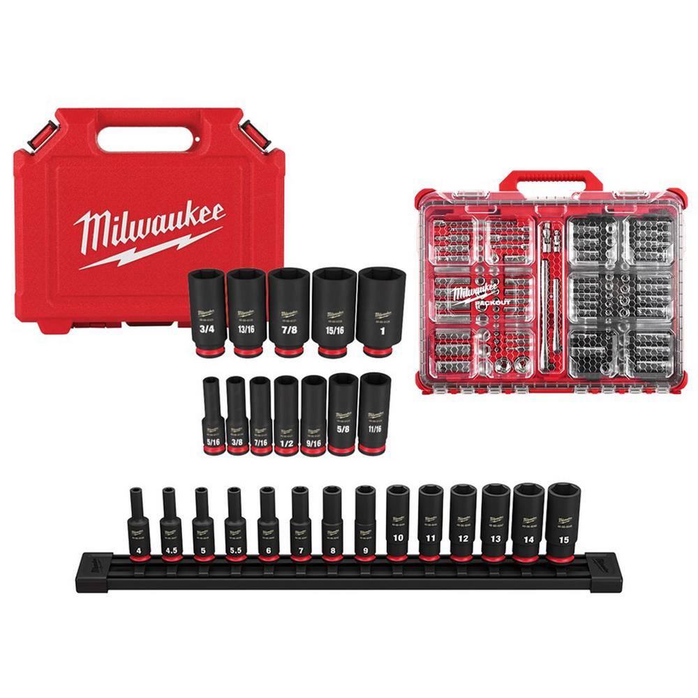 MW Shockwave 14 in. 38 in. Drive Deep Well ImpactChrome Ratchet Socket Set with Packout (132-Piece) 49-66-7006-49-66-7003-48-22-9486