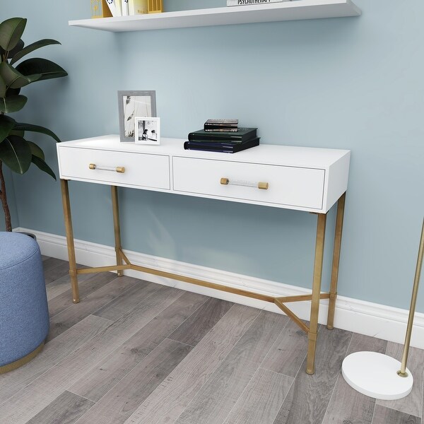 White Wood Glam Modern Contemporary 2 Drawer Desk Console Table - 47 x 15 x 31