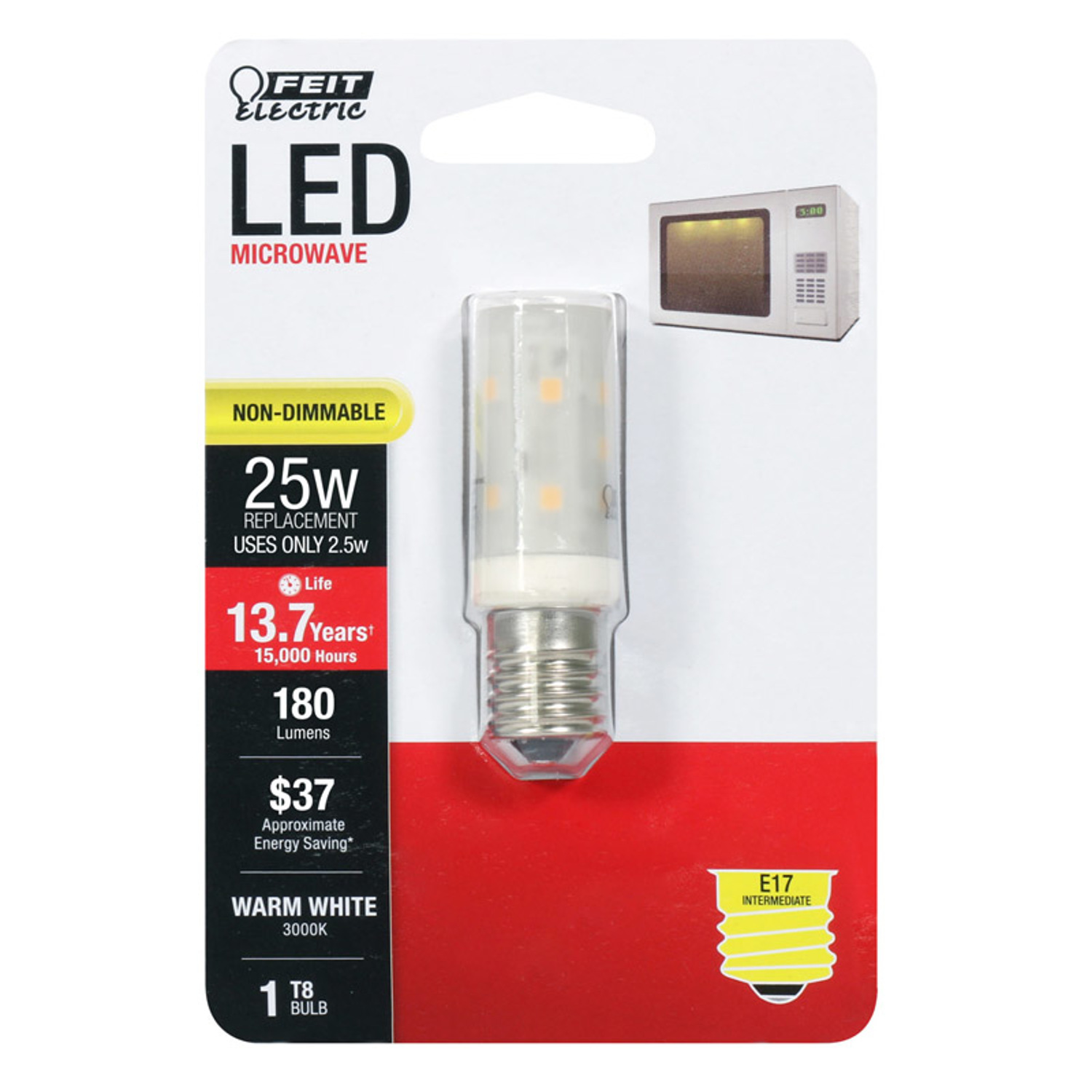 Feit T8 E17 (Intermediate) LED Bulb Warm White 25 Watt Equivalence 1 pk