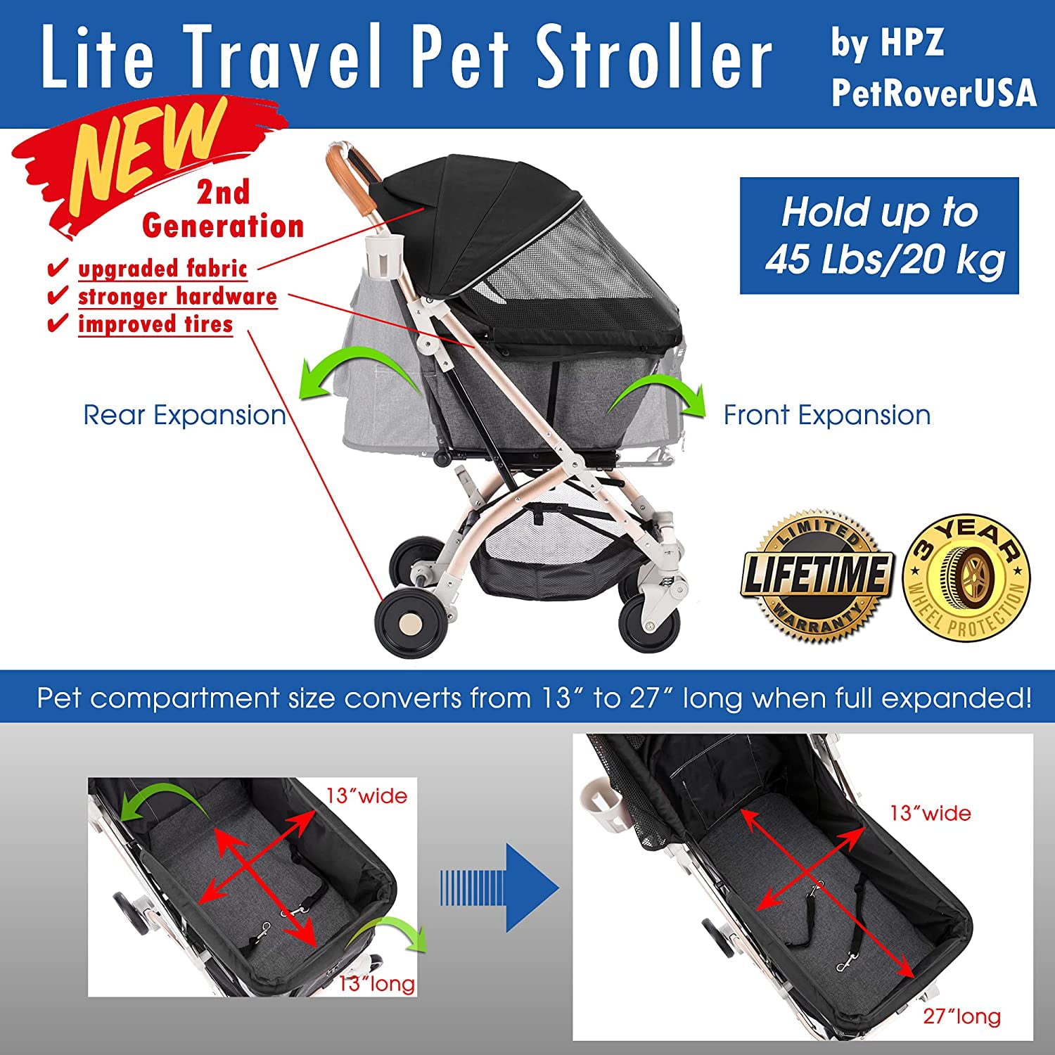 HPZ Rover Lite Travel Dog， Cat and Pet Stroller， Black