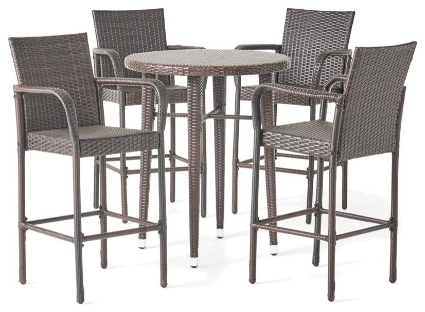 Noble House Patina Outdoor 5 Pc Multi Brown Wicker 32.5 quotRound Bar Table Set   Tropical   Outdoor Dining Sets   by Homesquare  Houzz