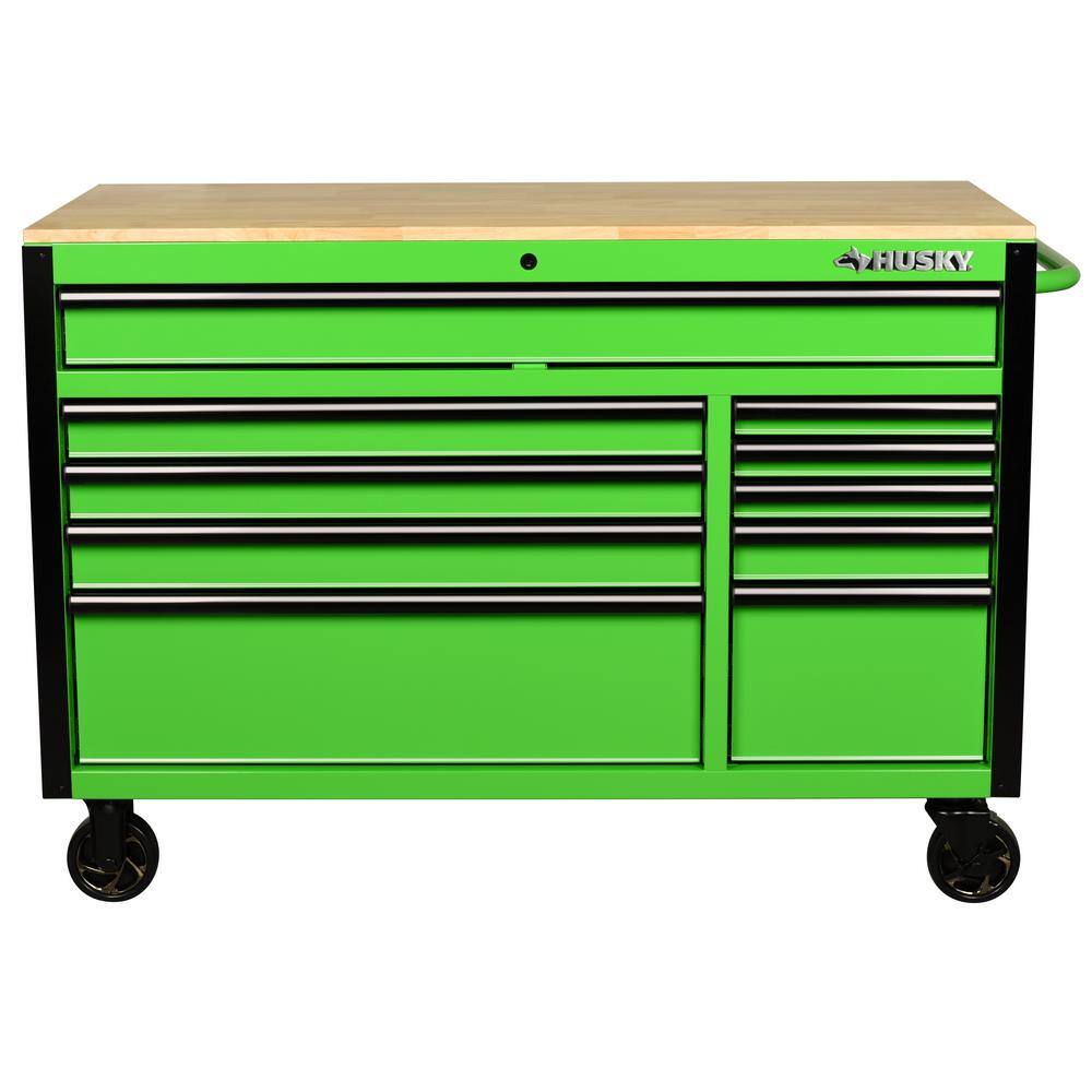 Husky 52 in. W x 24.5 in. D Standard Duty 10-Drawer Mobile Workbench Tool Chest with Solid Wood Work Top in Gloss Green H52MWC10GRN