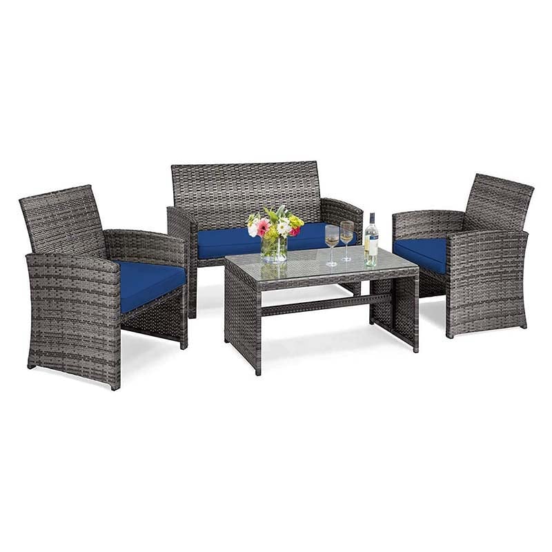 4 Pcs Rattan Wicker Patio Furniture Sets, Outdoor Conversation Sets with Loveseat, Table, Single Sofas