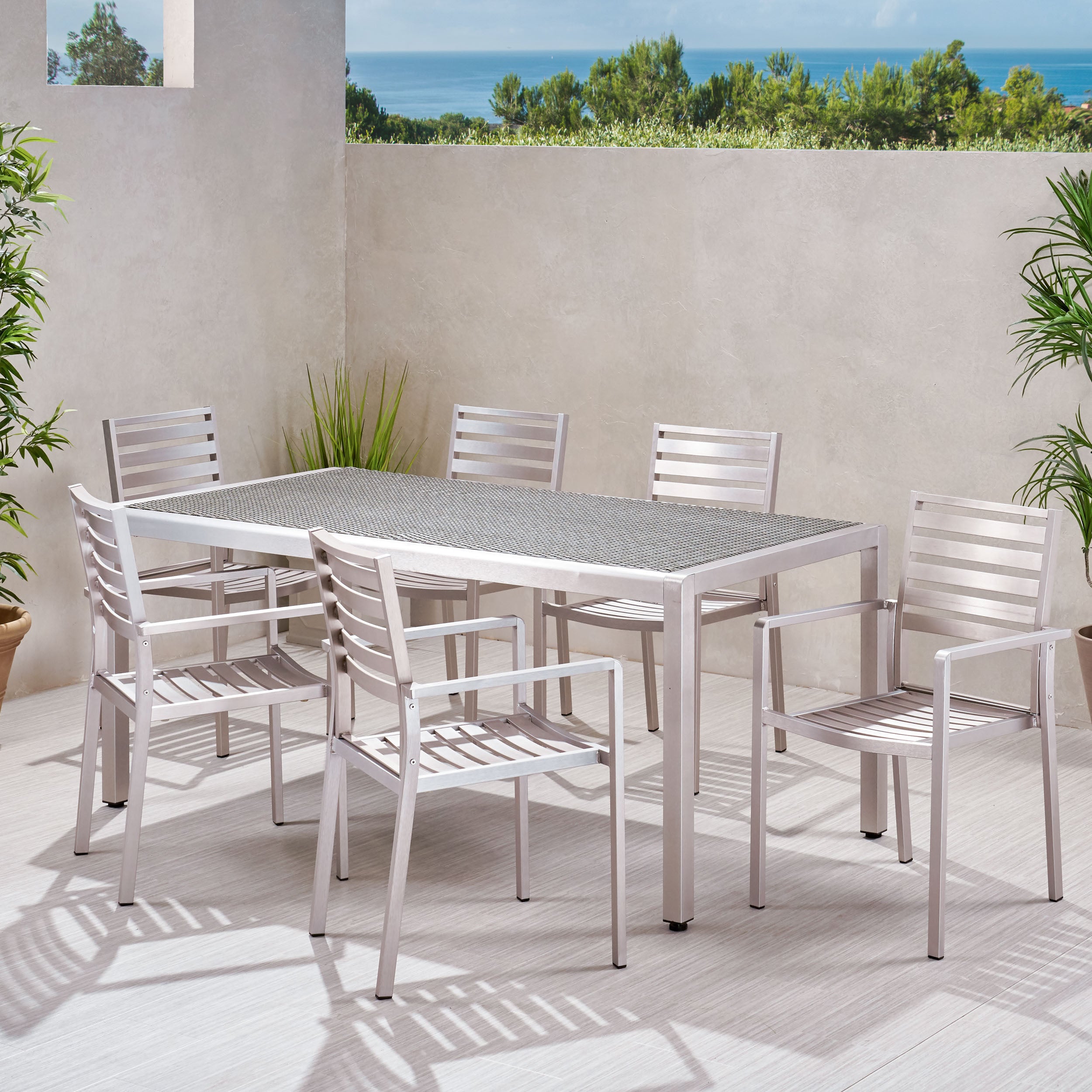 Cherie Outdoor Modern 6 Seater Aluminum Dining Set with Wicker Table Top