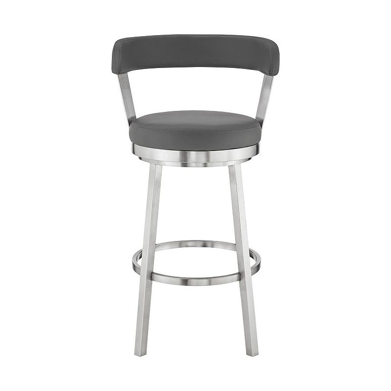 Emma 30 Inch Bar Height Swivel Stool， Steel Legs， Faux Leather， Light Gray