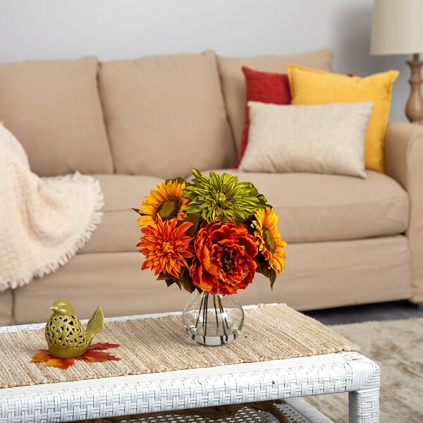 12 Peony，Dahlia and Sunflower Artificial Arrangement in Glass Vase