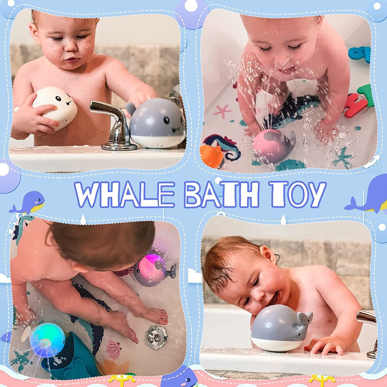 BESSNINI Baby Bath Toys， Cute Toddler Whale Light-up Spraying Bathtub Toys for Baby Infants Boys Girls with 4 Water Spraying Modes Gray