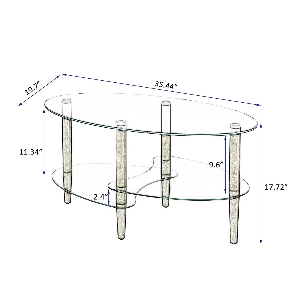 Oval glass coffee table  Transparent coffee table  modern table in living room with Oak wood legs  tea table