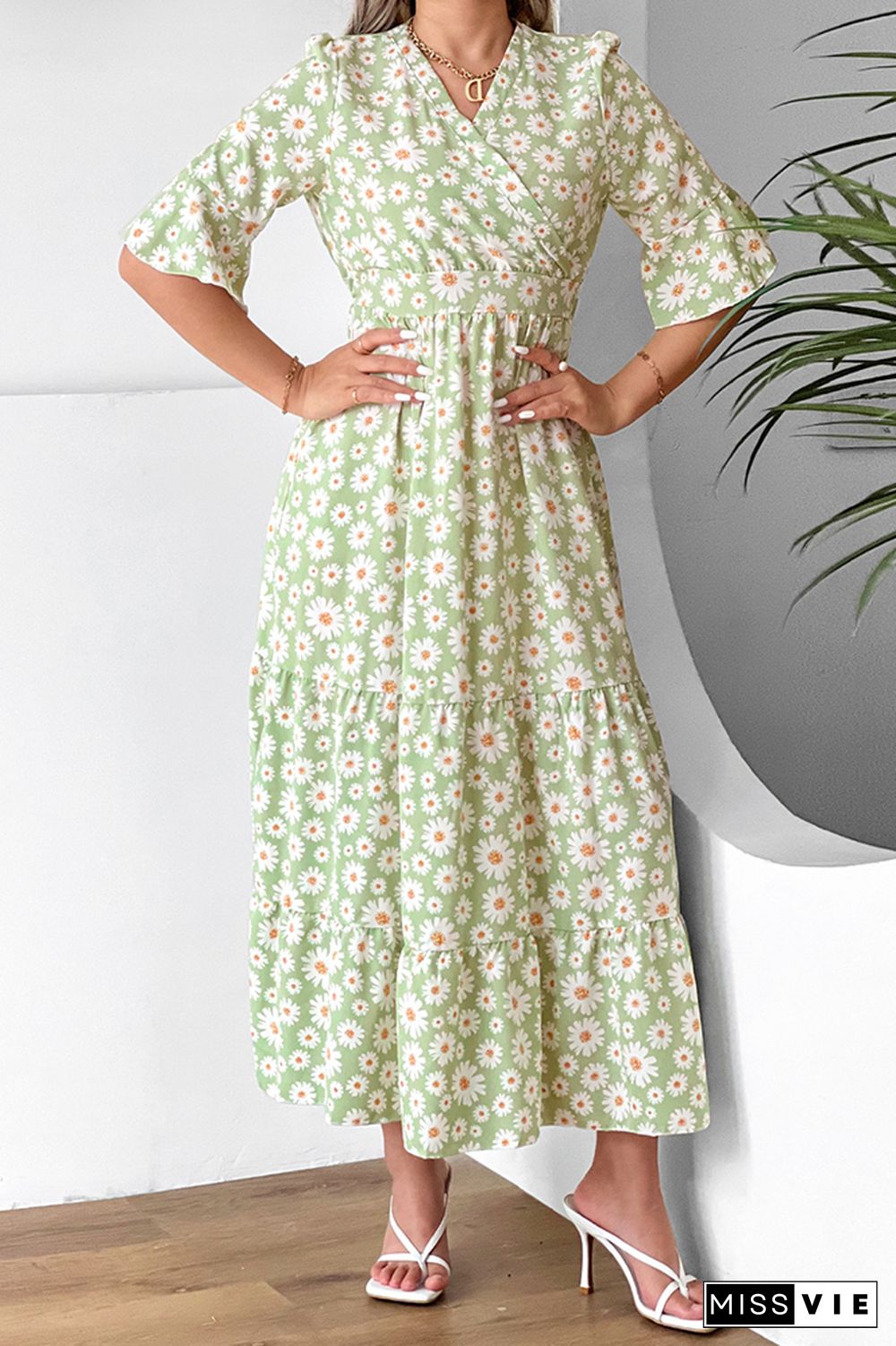 Paisley Floral Print Flare Sleeves Maxi Dress Wholesale