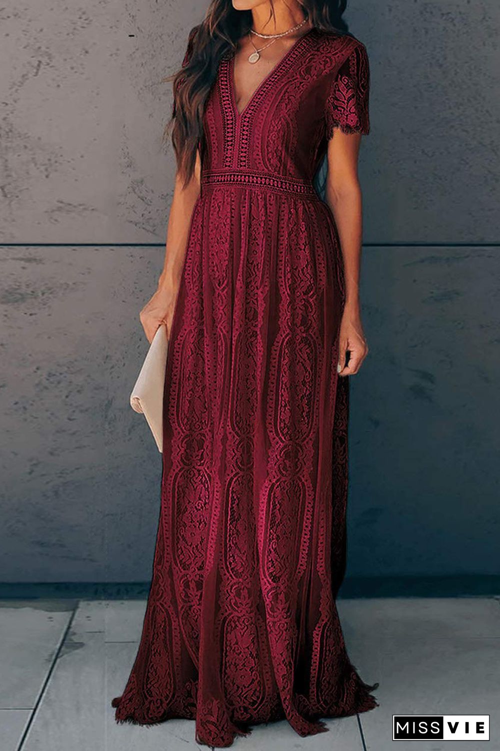 Burgundy Deep V Neck Short Sleeve Lace Maxi Dress