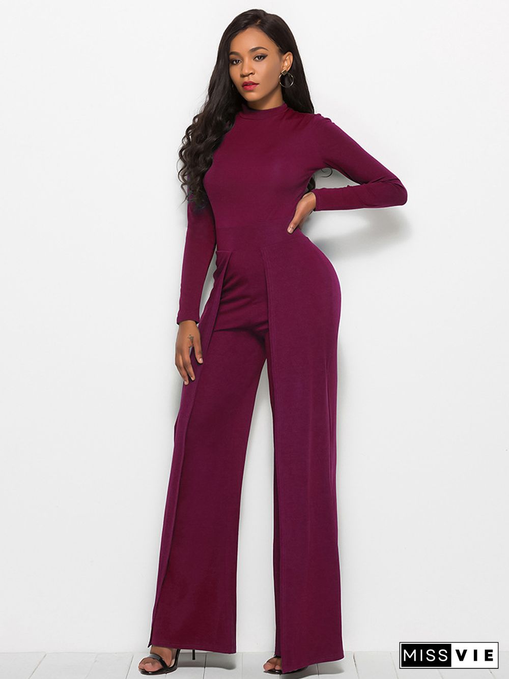 Fashion Crew Neck Long Sleeve Wide Leg Jumpsuit