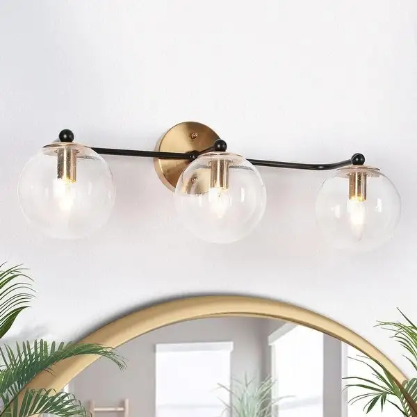 Modern 3-Light Black Gold Bathroom Vanity Light Fixture with Globe Glass - 24.5