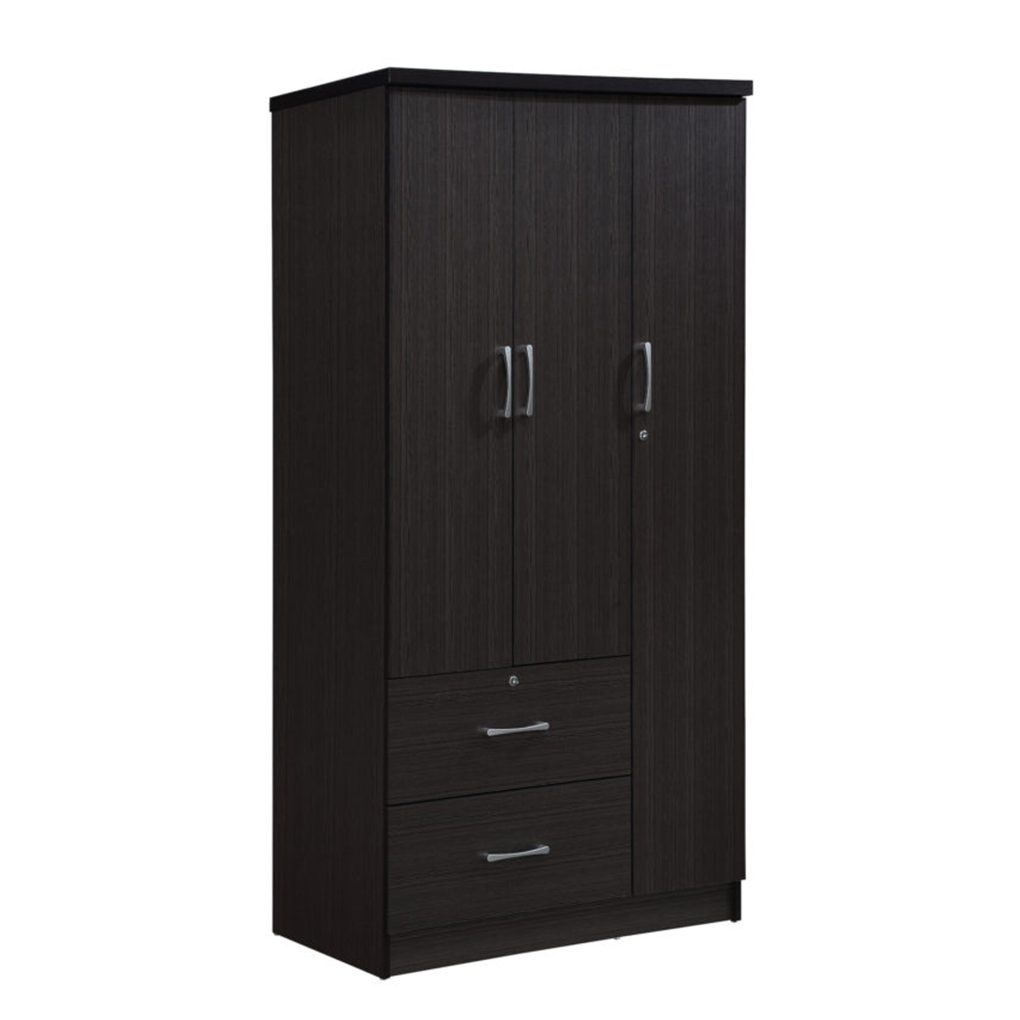 Hodedah Import 3 Door Armoire with Clothing Rod， Shelves， and 2 Drawers， Chocolate - - 37191679