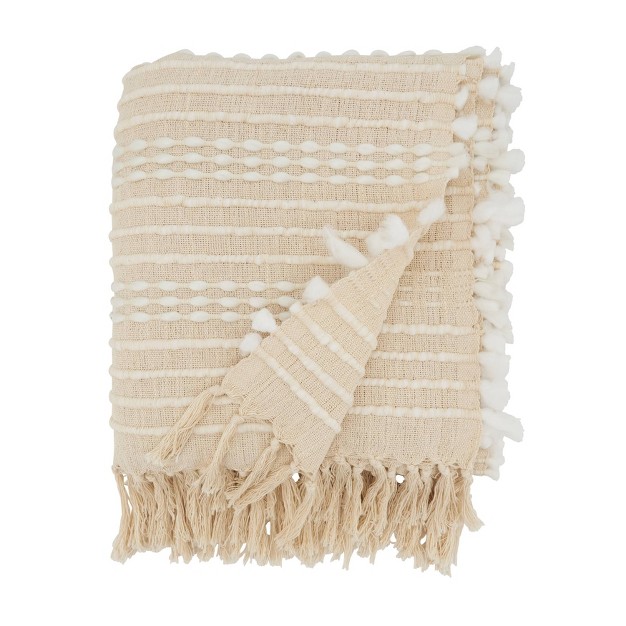 Cozy Cabin Textured Striped Fringe Throw Blanket Natural Saro Lifestyle