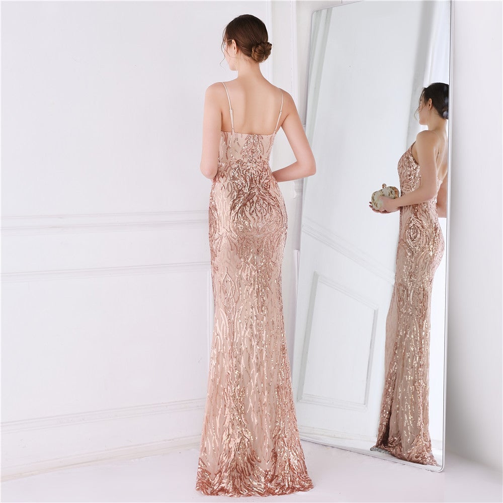 Wings Pattern Sequin Mesh Strappy Gown