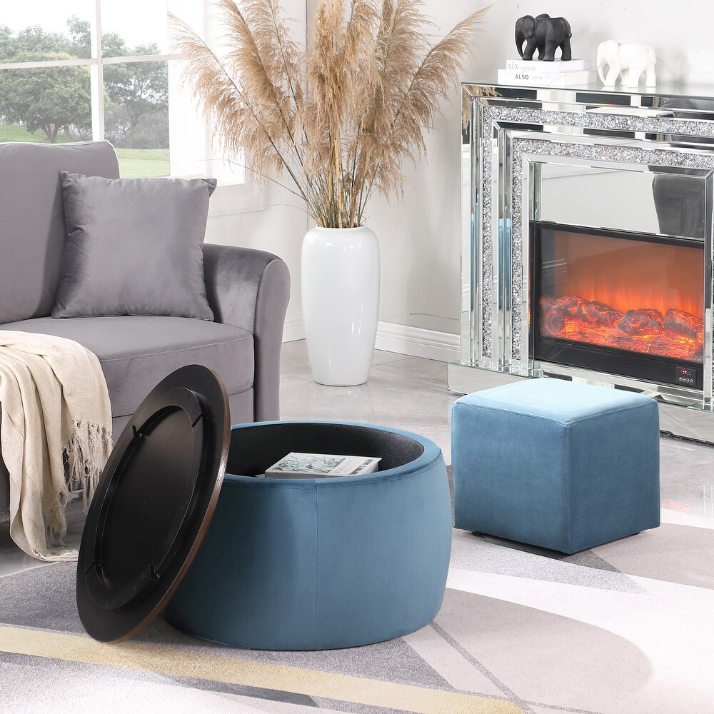 Round Velvet Storage Ottoman (Set of 2) with Square Ottoman Footrest Stool Coffee Table for Living Room Bedroom Entryway