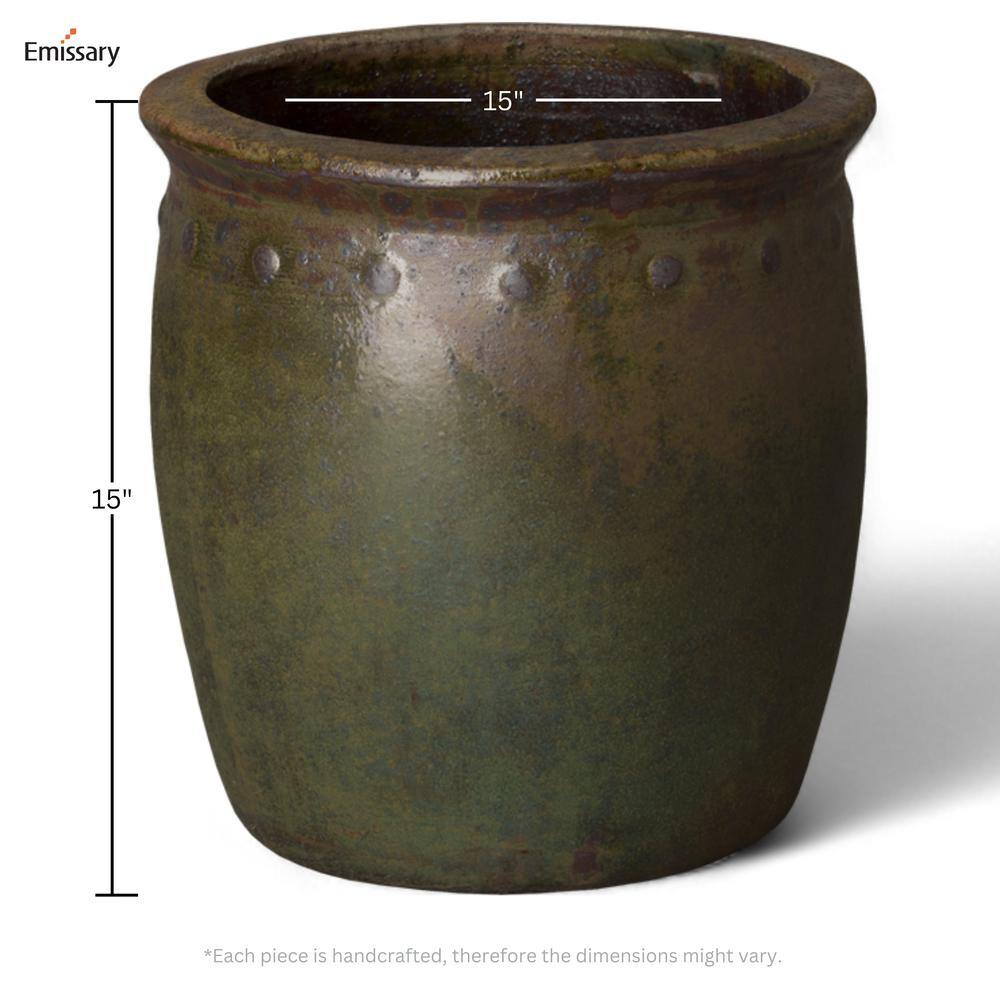 Emissary 15 in. D x 15 in. H Green Wash Ceramic Round Planter with Drainage Hole 12035GW-2