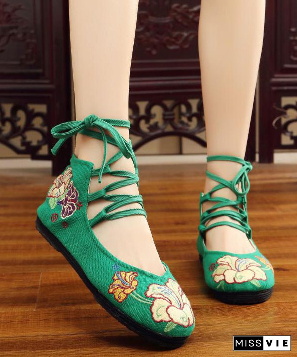 Black Cotton Fabric Embroideried Flats Handmade Cross Strap Flat Feet Shoes