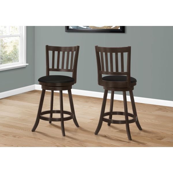 Bar Stool， Set Of 2， Swivel， Counter Height， Kitchen， Brown Wood， Black Leather Look， Transitional