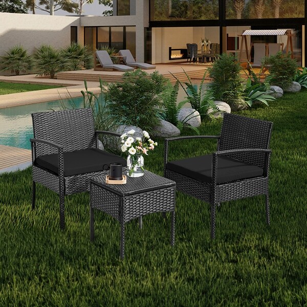 Outdoor Furniture 3 Piece Patio Bistro Furniture Set，Rattan Conversation Chairs Set with Side Table and Cushions