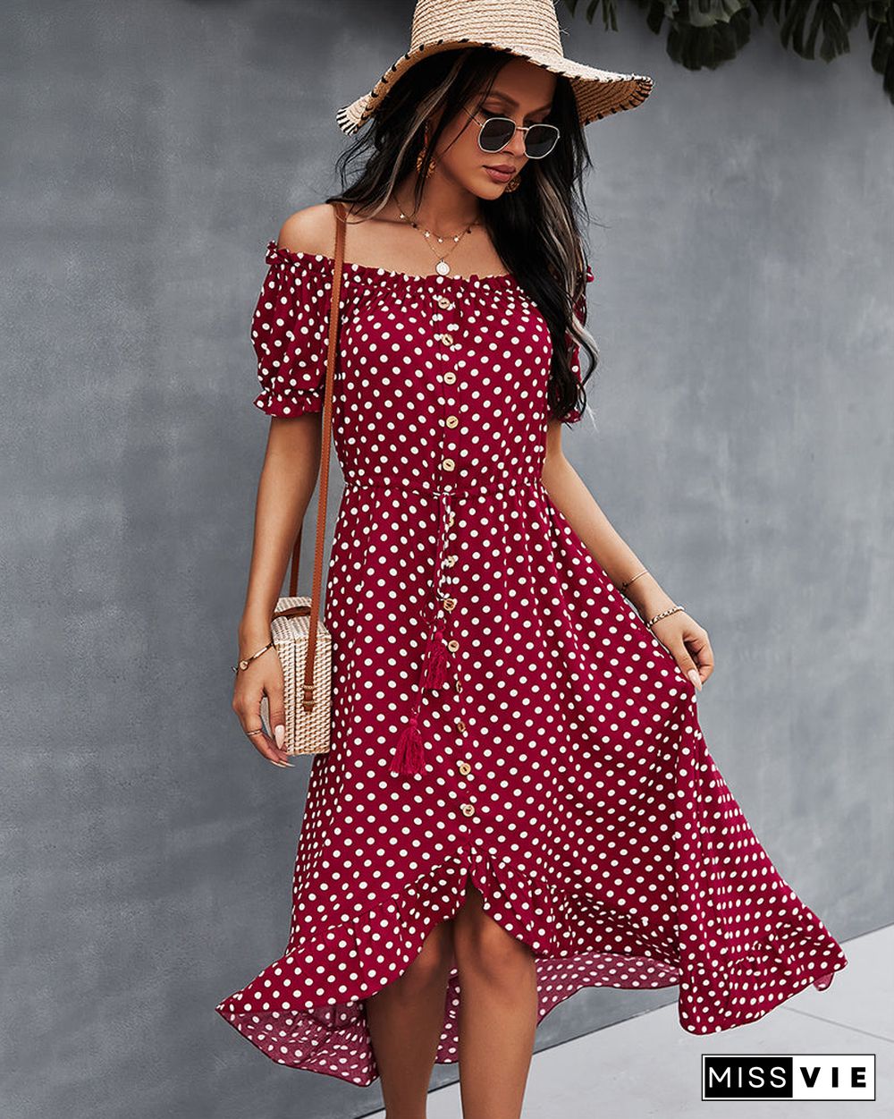 Off Shoulder Polka Dot Button Down Maxi Dress