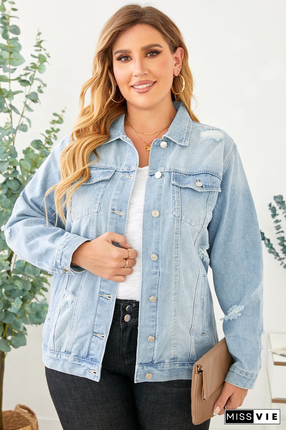 Light Blue Plus Size Washed Pocketed Denim Jacket