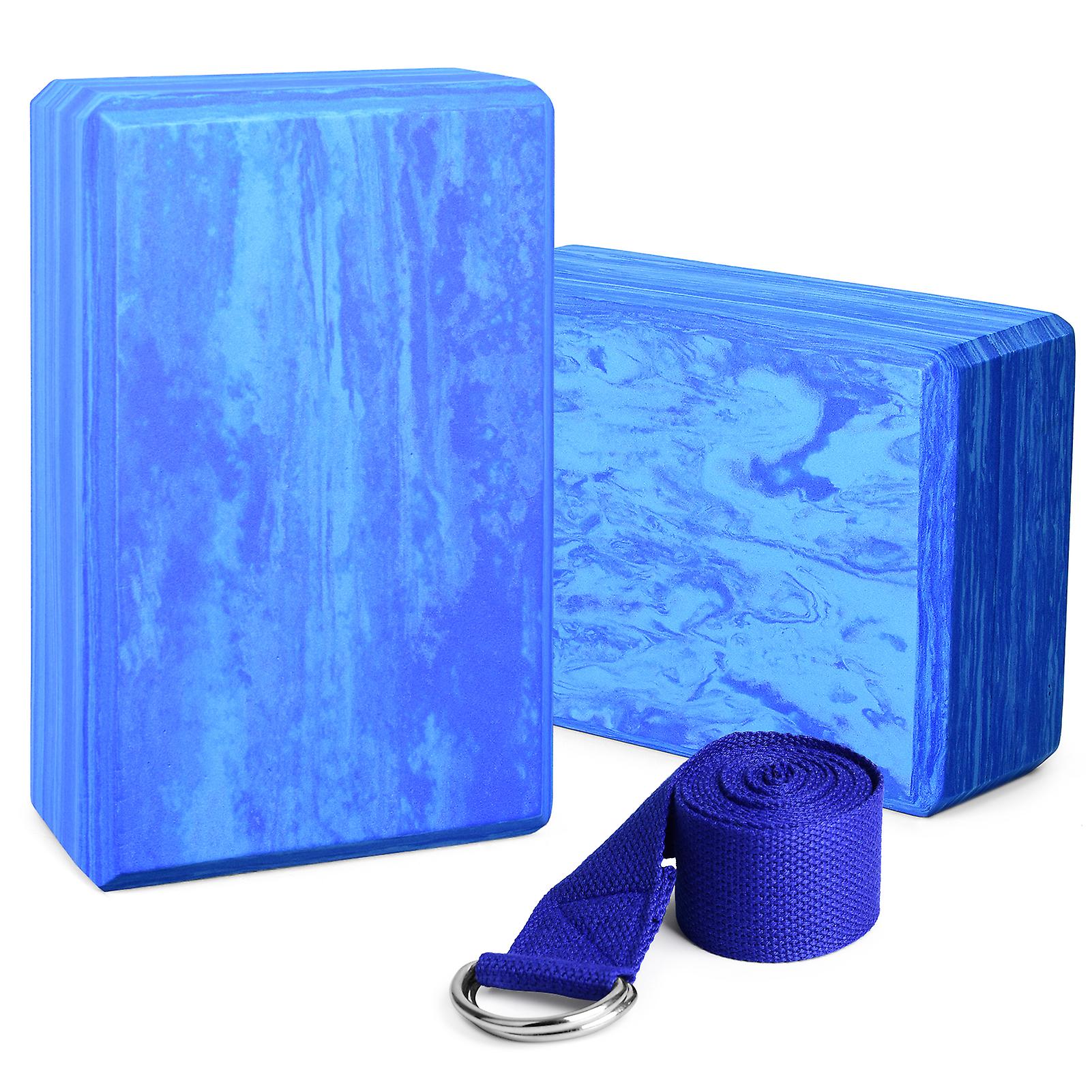 2pcs Eva Yoga Blocks With 1pcs Stretching Strap For Yoga Pilates Improve Strength Aid Balance And Flexibility Blue Medium