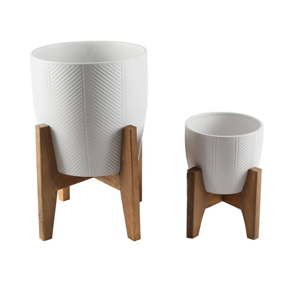 Flora Bunda 10 in. and 6.6 in. Matte White Chevron Ceramic Plant Pot on Wood Stand Stand Mid Century Planter (Set of 2) CT1298E2-MTWH