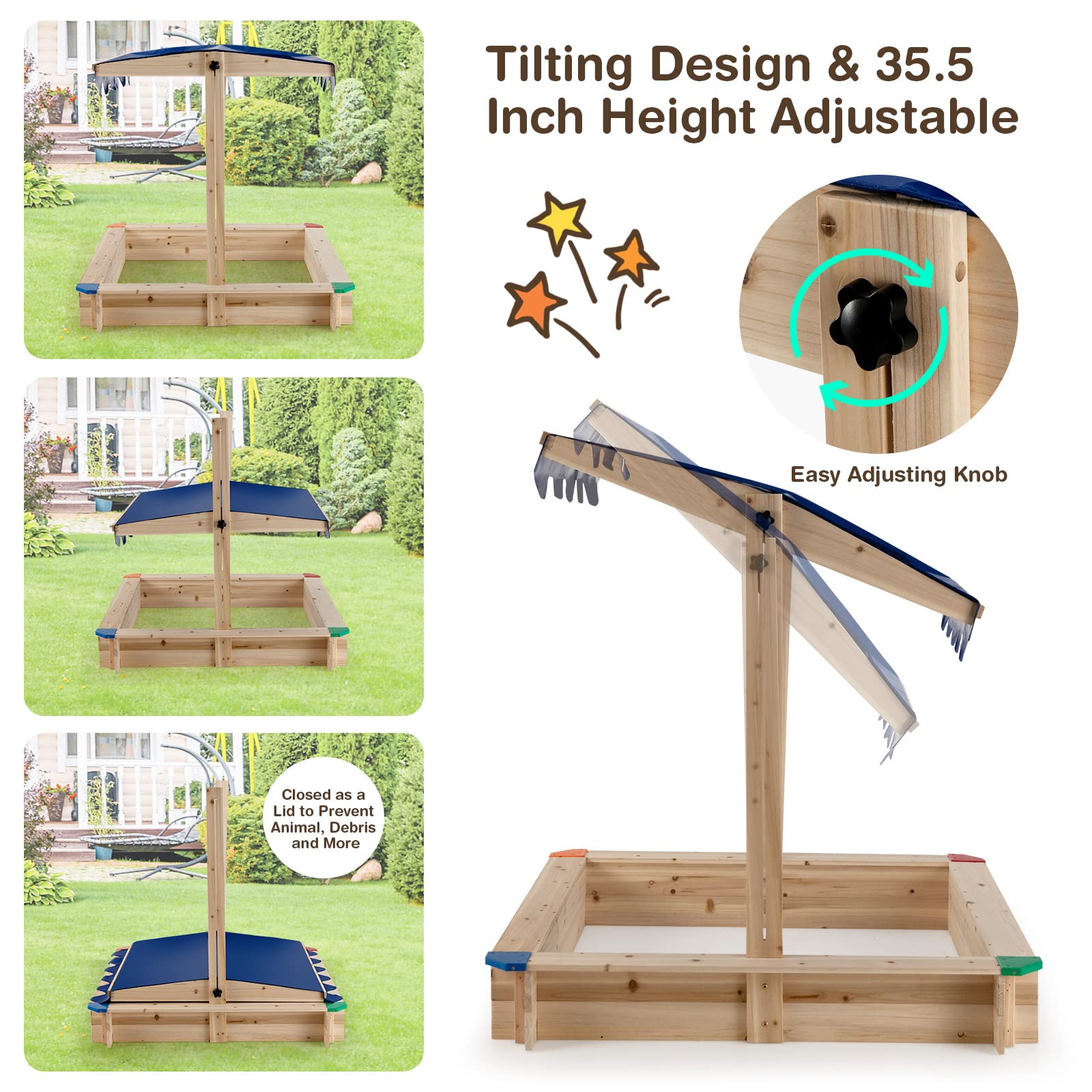 Costzon Kids Wooden Sandbox w/Convertible Canopy