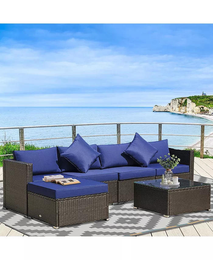 Outsunny 6 Pieces Patio Furniture Sets Outdoor Wicker Conversation Sets All Weather PE Rattan Sectional sofa set with Ottoman Cushions and Tempered Glass Desktop Blue