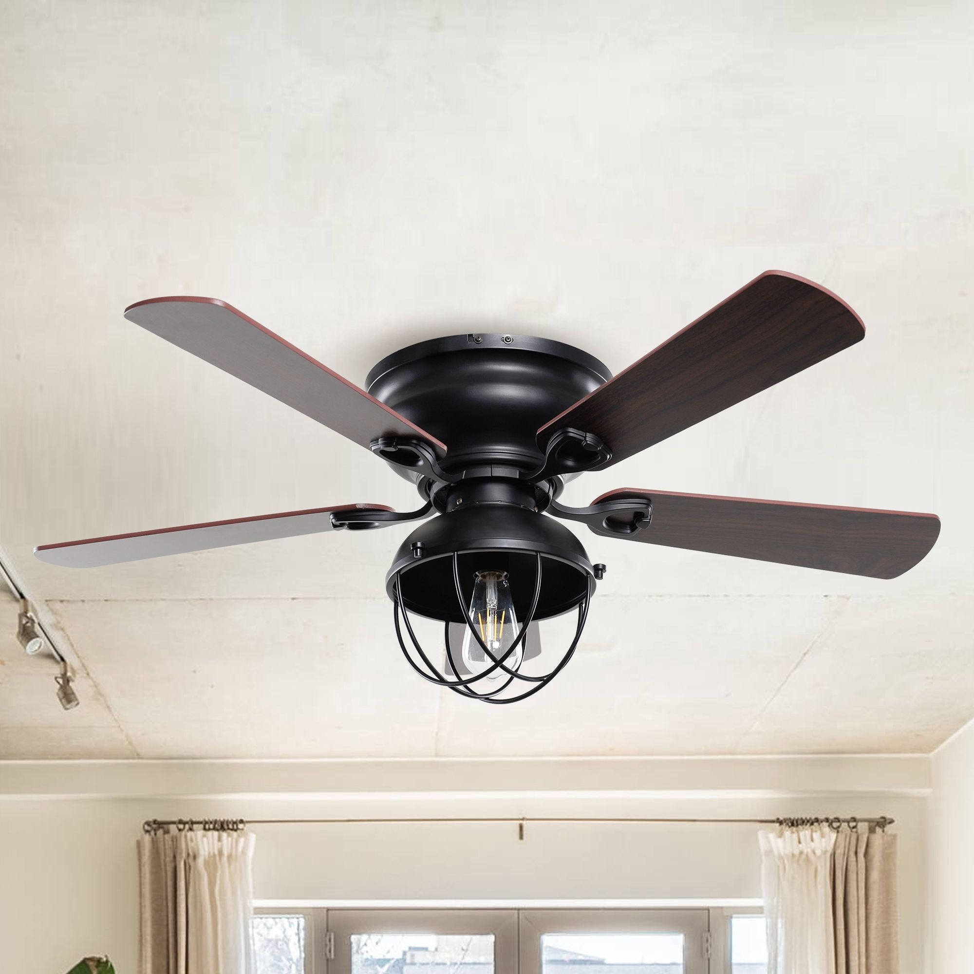 42-inch Wood 5-Blade Matte Black Flush Mount Ceiling Fan with Remote Shopping - The Best Deals on Ceiling Fans | 36596317